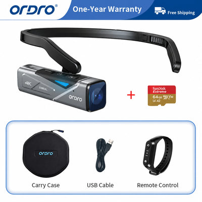 ORDRO EP7 4K gimbal POV camera kit with head mount, 64GB memory card, carrying case, USB cable, and wrist remote control