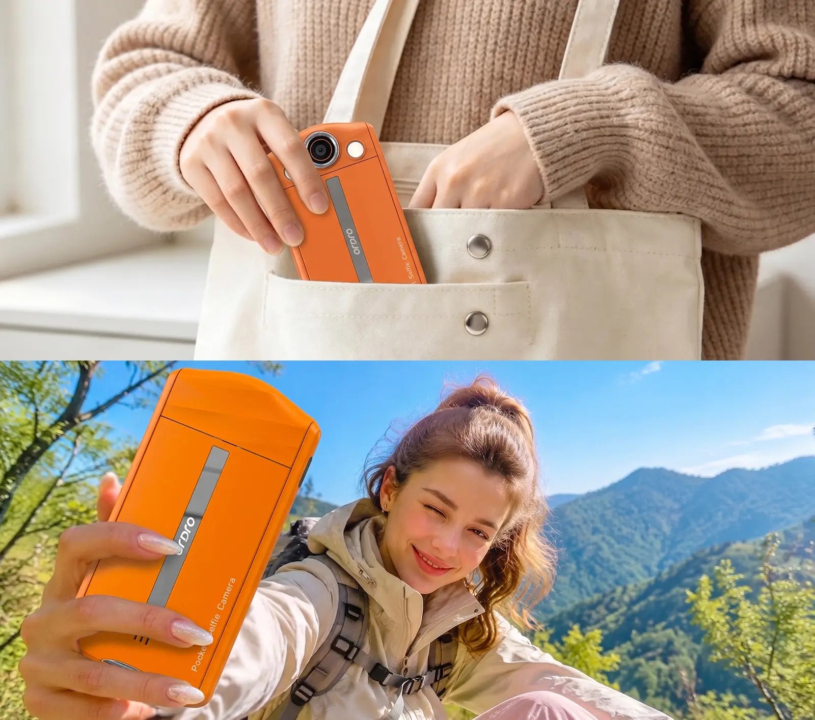 Compact and practical ORDRO VS3 camera slipping into a canvas tote bag, ideal for lightweight travel and capturing outdoor hiking moments.