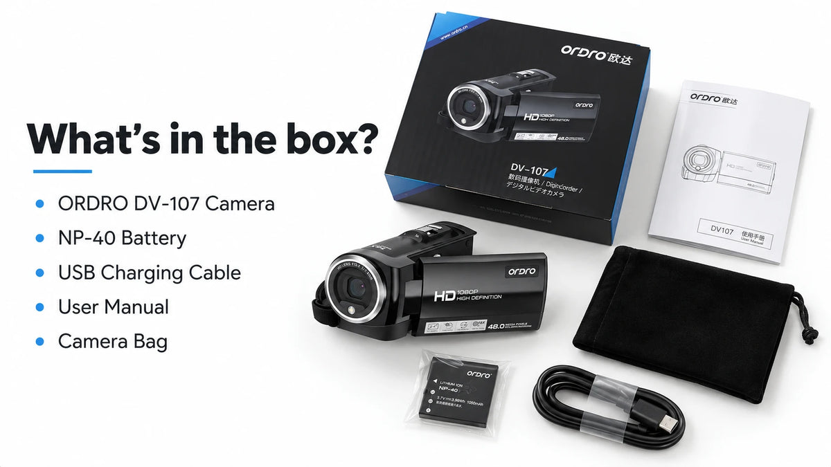 ORDRO DV-107 camcorder package contents including camera, NP-40 battery, USB charging cable, user manual, camera bag, and retail box