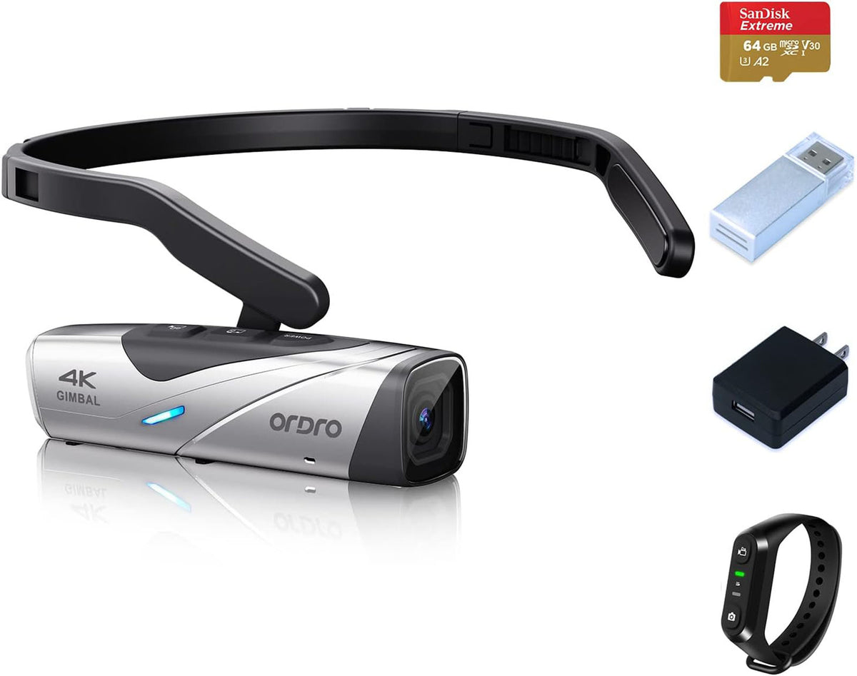 ORDRO EP8 4K Head-Mounted Video Camera Ultra HD 4K 60FPS Camcorder Vlog Hands Free Wearable Camera Wi-Fi APP Auto Focus with Remote Control 64G Micro SD Card,Silver