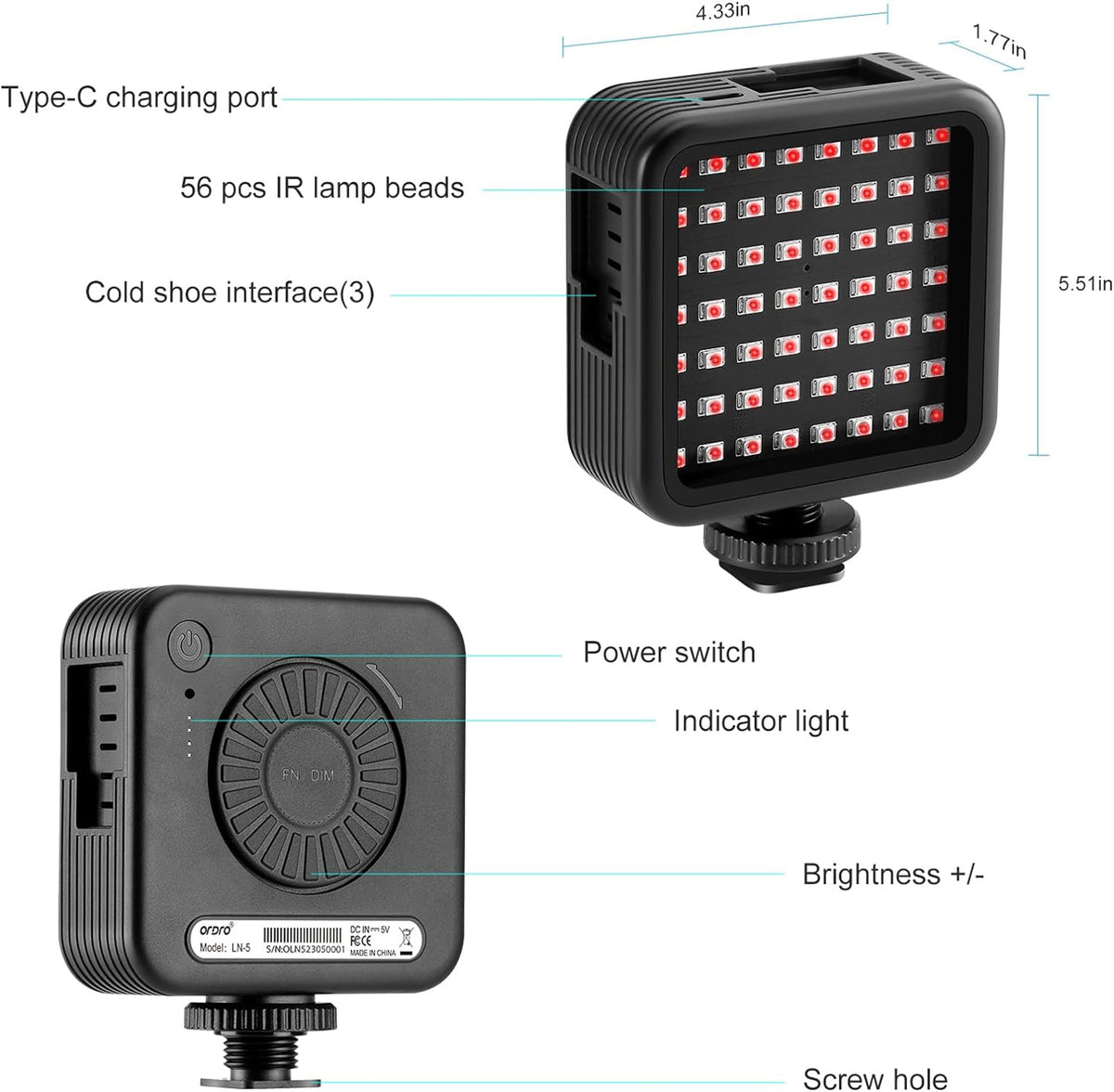 Ordro LN-5 Night Vision Light for Camera Infrared Night Light with 56 IR Lamp Beads (850nm)
