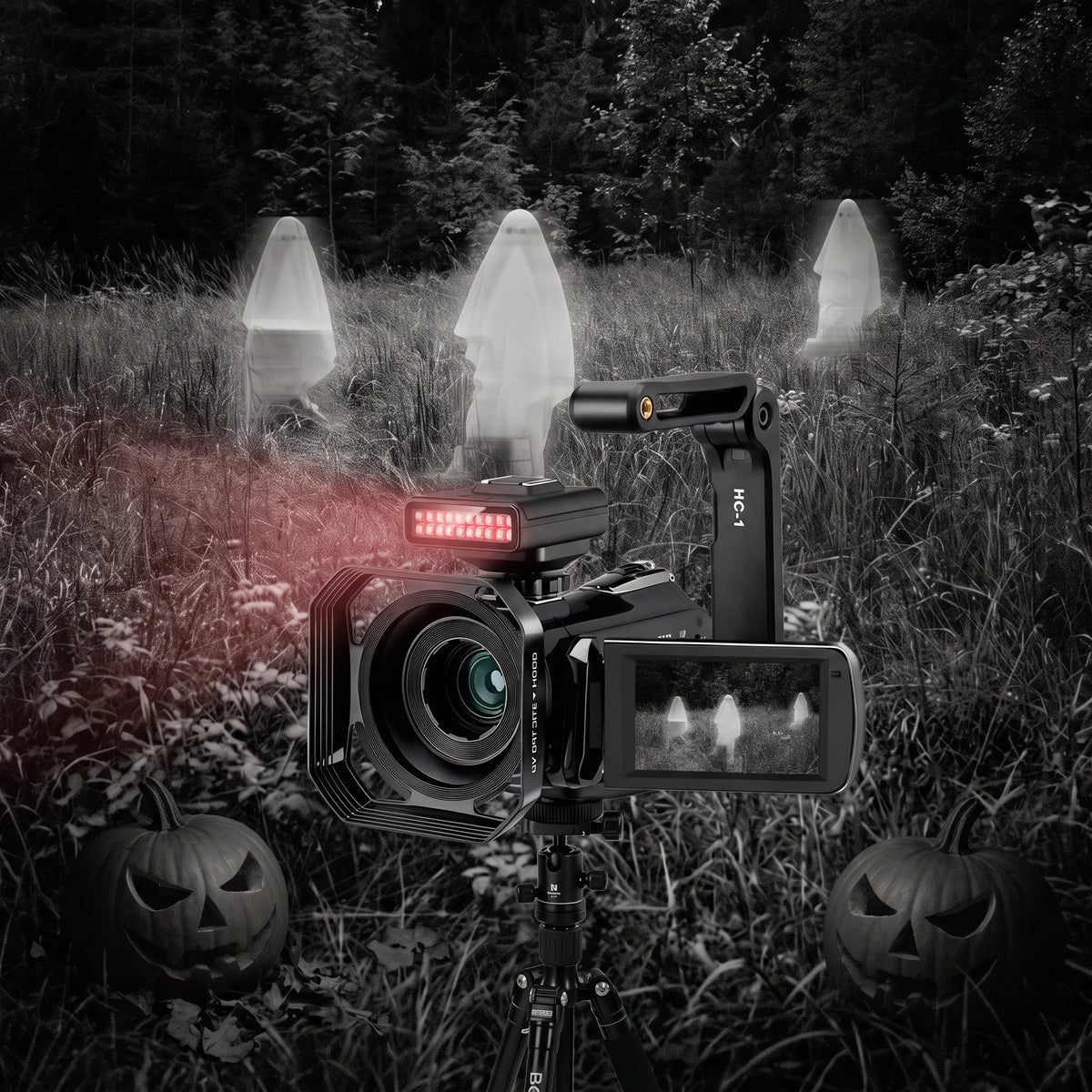 ORDRO camera with LN-3 infrared night vision light for Halloween ghost hunting.