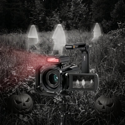 ORDRO camera with LN-3 infrared night vision light for Halloween ghost hunting.