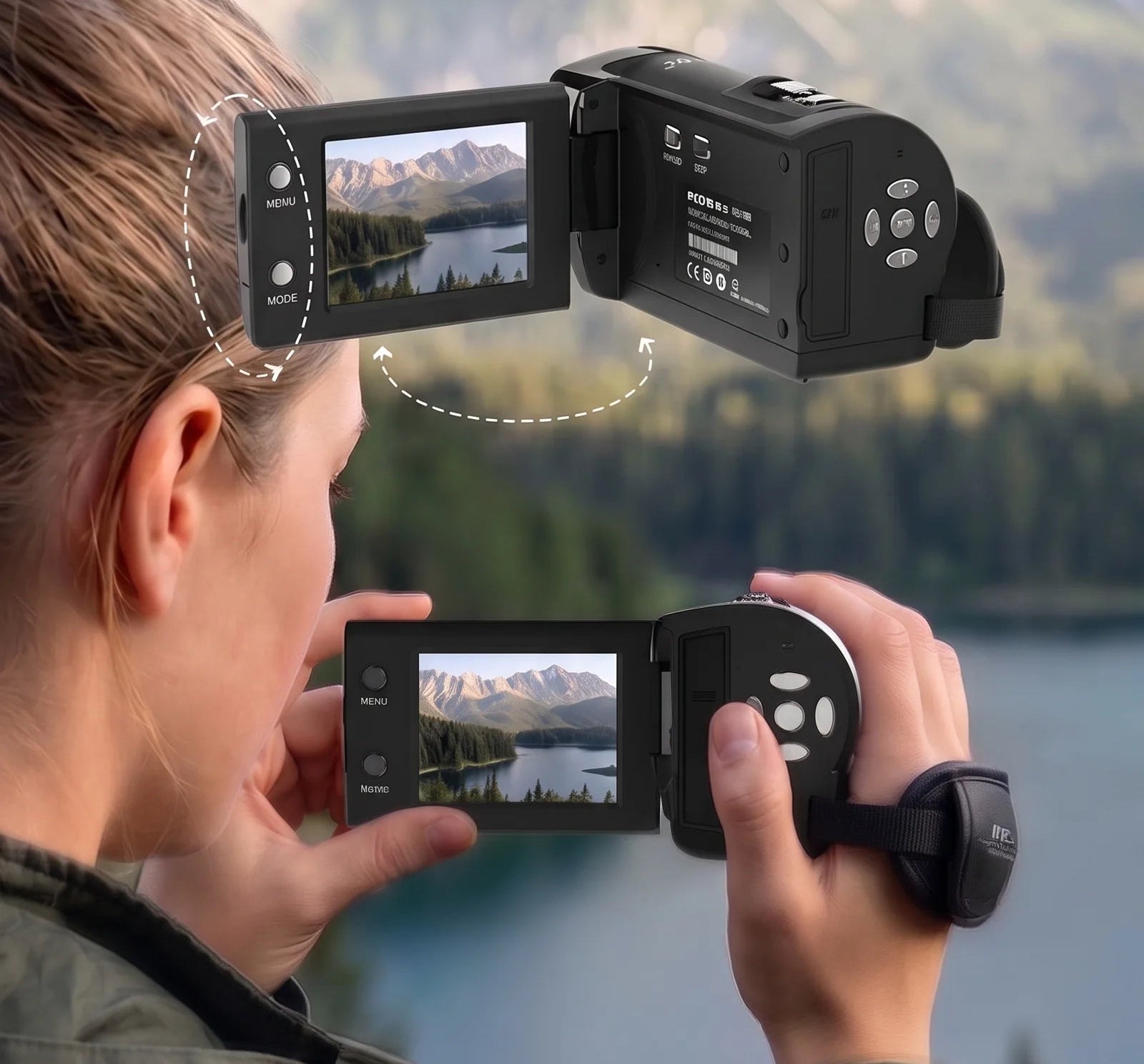 Content creator using the ORDRO DV-107 vlogging camera's 2.4-inch IPS screen with 270-degree flip function to frame a landscape shot outdoors.