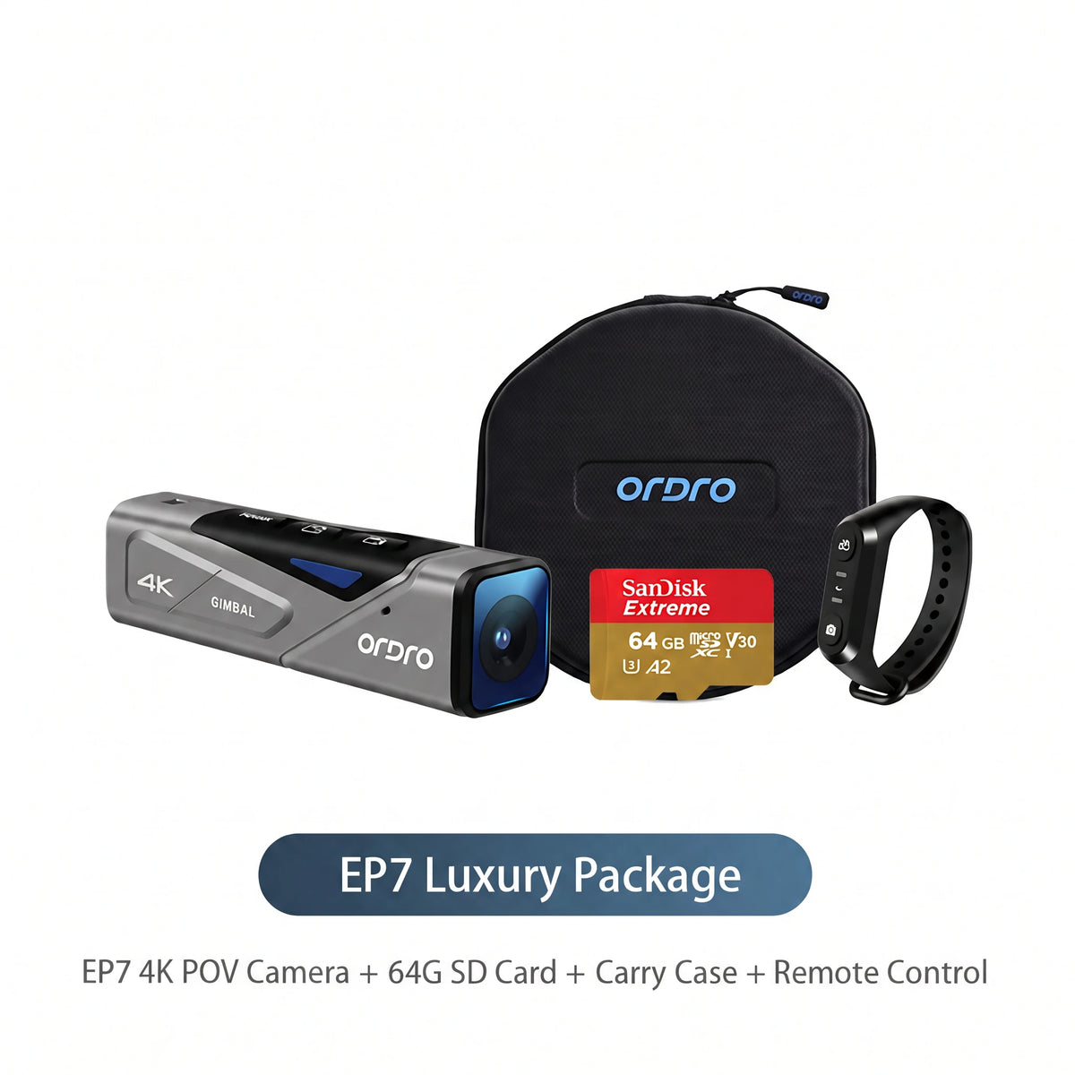 ORDRO EP7 4K gimbal POV camera luxury package with 64GB microSD card, carrying case, and wireless wrist remote control