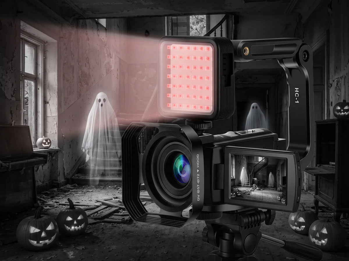 ORDRO camera with LN-5 multi-LED night vision light in a dark haunted house