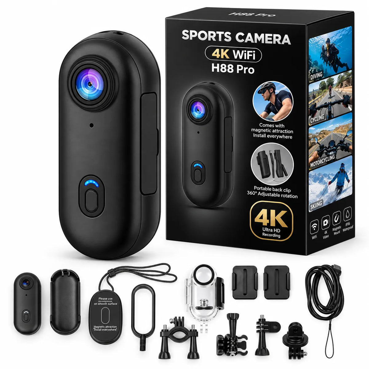 ORDRO H88 Pro 4K mini action camera in black with packaging, magnetic mounts, waterproof case, and included accessories