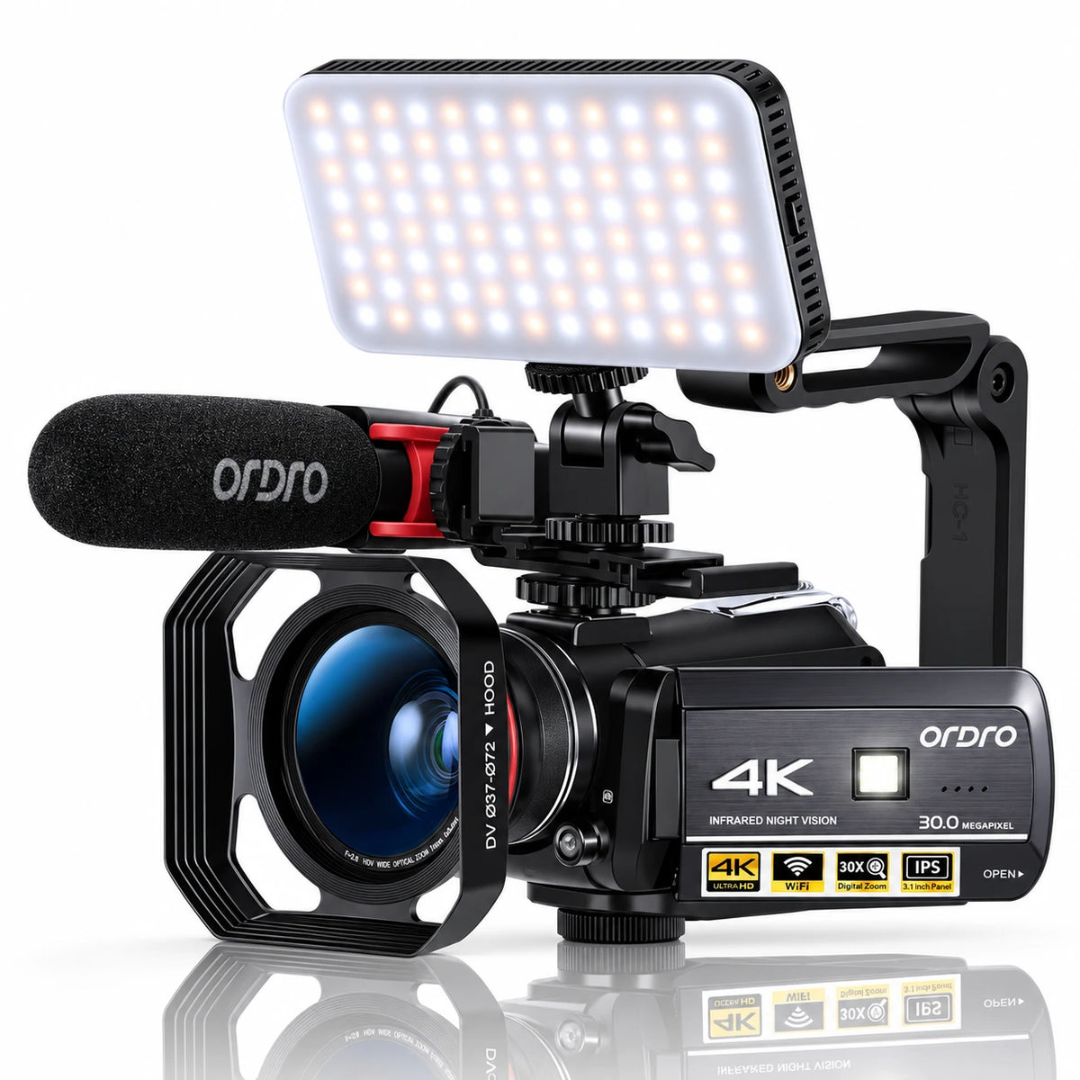 ORDRO  4K WiFi Digital Video Camera  AC3 Ultra HD 60FPS Infrared Camcorder With 30X Digital Zoom & IR Remote Controlled - Ordro