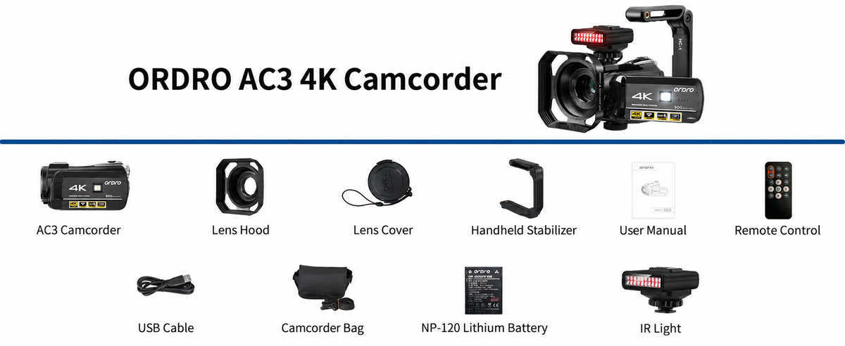 ORDRO AC3 4K infrared night vision camcorder kit with LN-3 IR light, lens hood, remote control, handheld stabilizer, battery and camera bag for paranormal investigation and ghost hunting.
