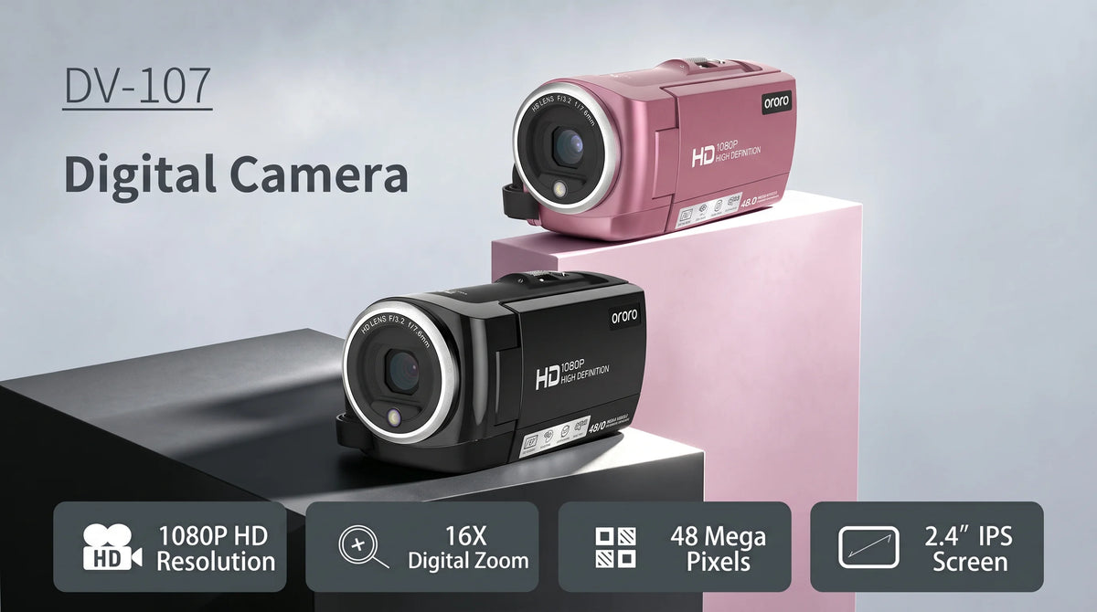 ORDRO DV-107 1080P HD digital camcorders in black and pink, highlighting key features including 16X digital zoom, 48 megapixels, and a 2.4-inch IPS screen.