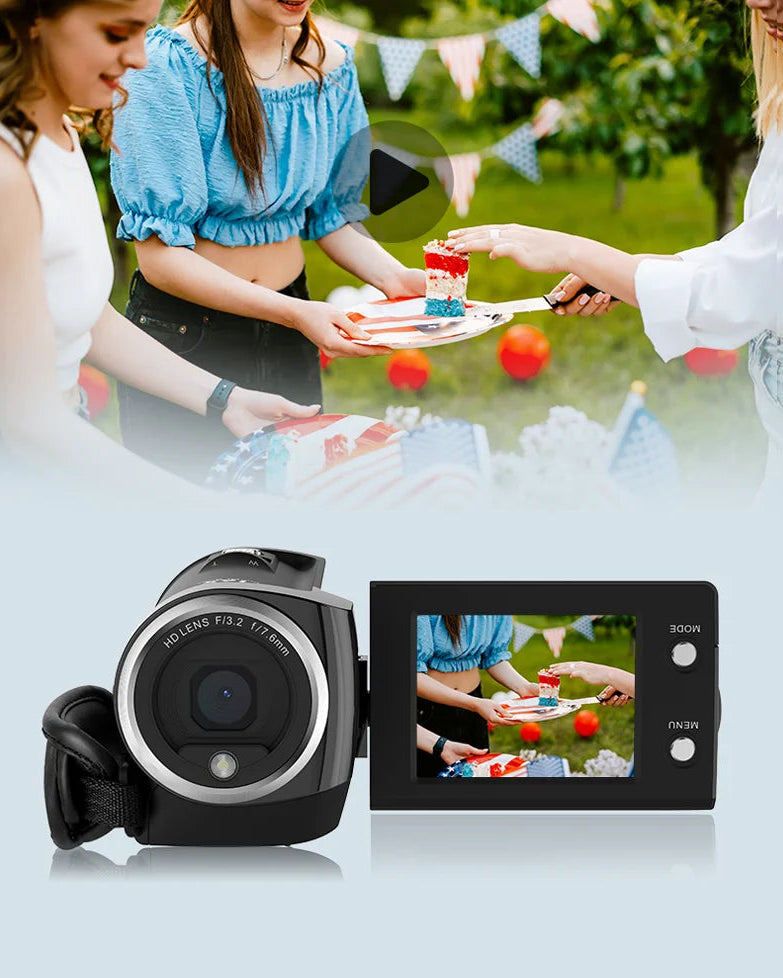 ORDRO DV-107 digital camcorder displaying its loop recording feature for continuous long-time shooting during an outdoor family picnic.