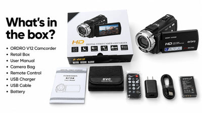 ORDRO V12 retro camcorder package contents, including the HD video camera, retail box, carrying bag, remote, battery, charger and USB cable.