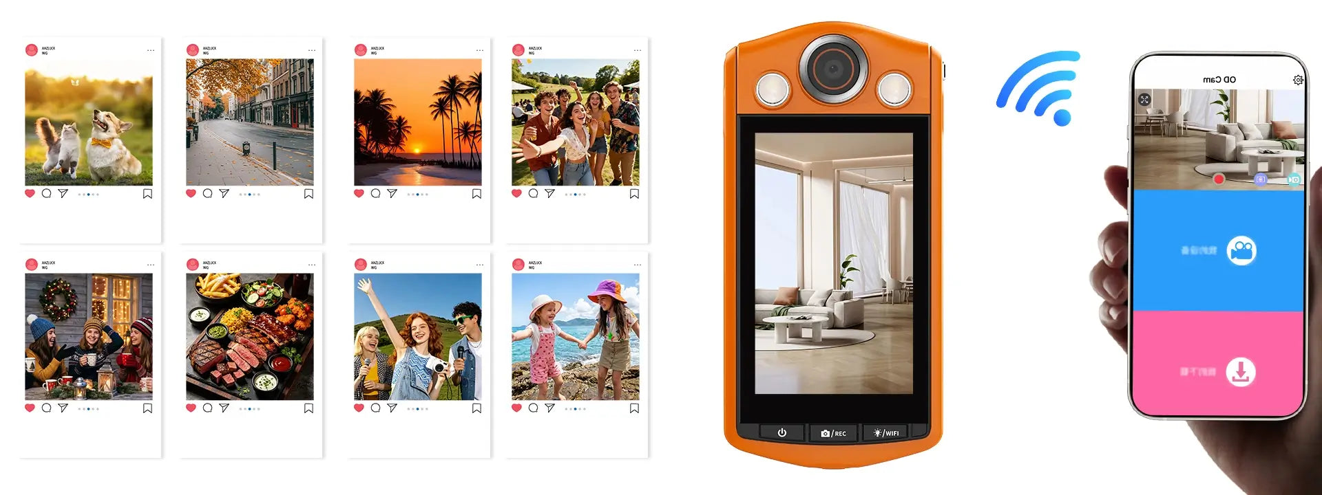 ORDRO VS3 camera wirelessly transferring daily photos to a smartphone app via Wi-Fi 6 for quick social media updates