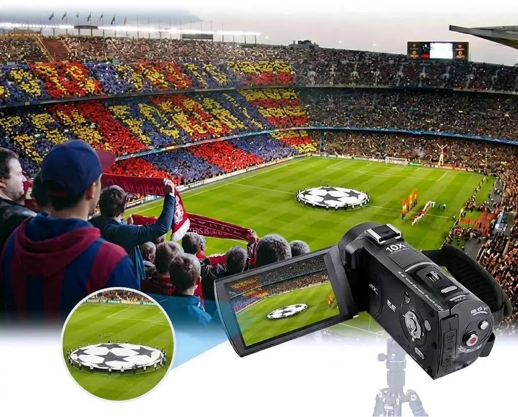 ORDRO Z88 4K camcorder demonstrating 10X optical zoom at a soccer stadium