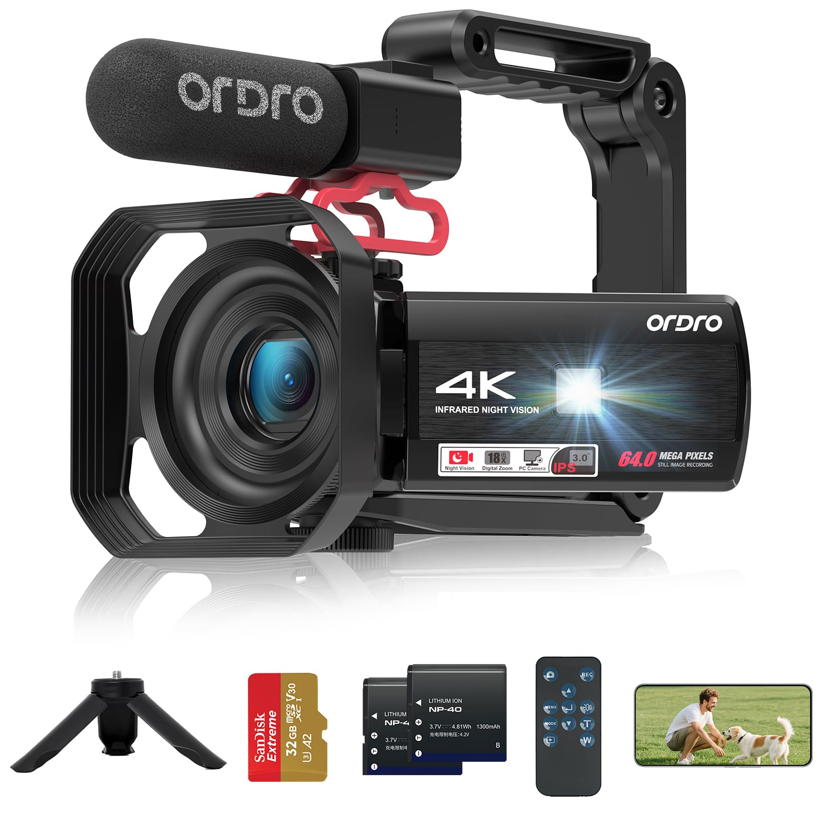 ORDRO 4K 30FPS Video Camera 64MP Camcorder with IR Night Vision 18X Digital Zoom for Vlog Youtube