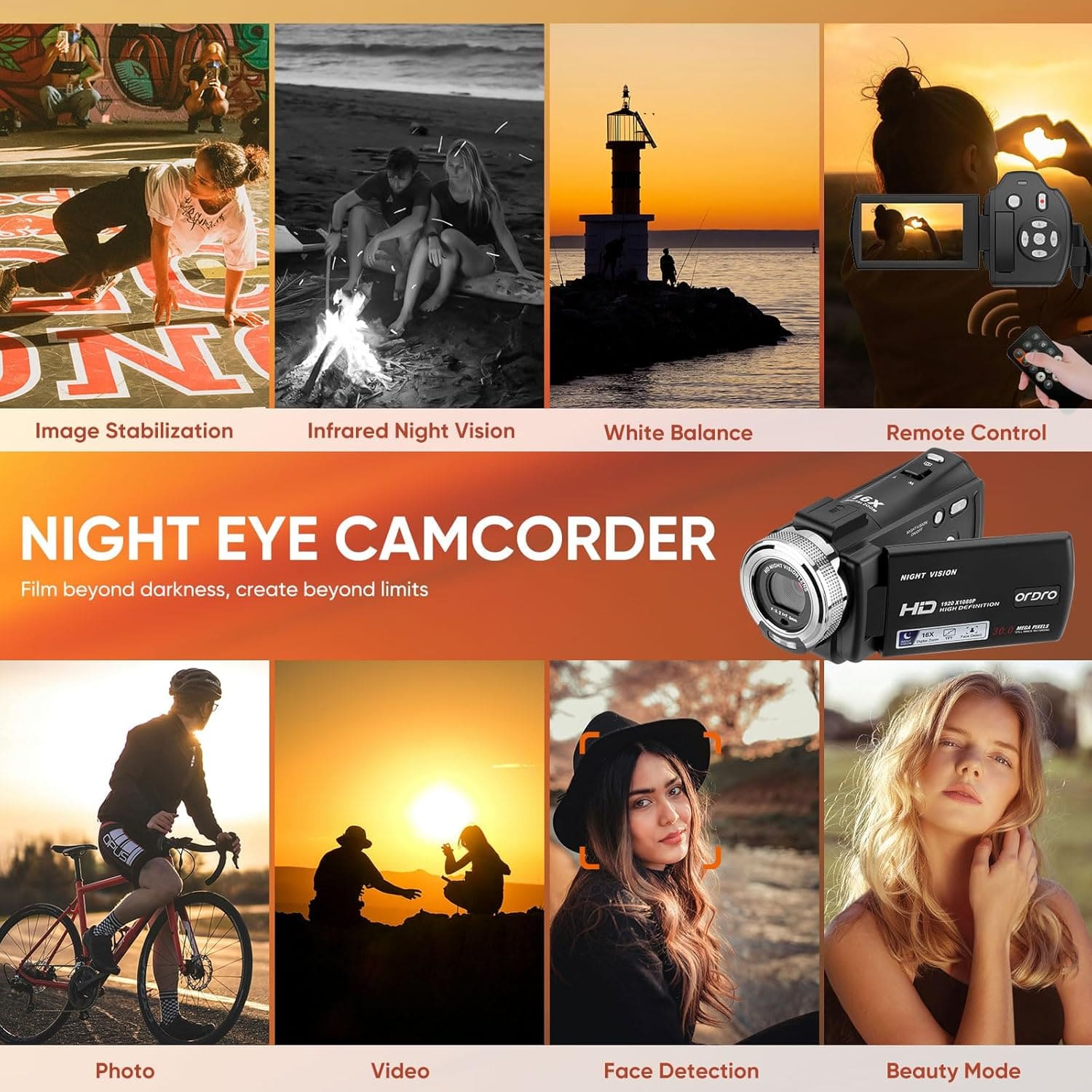 ORDRO Camcorders HDV-V12 1080P Video Camera Infrared Night Vision 3.0 Screen 16X Vlogg Camera