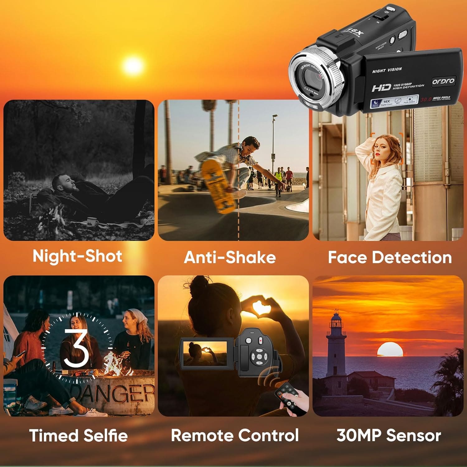 ORDRO Camcorders HDV-V12 1080P Video Camera Infrared Night Vision 3.0 Screen 16X Vlogg Camera