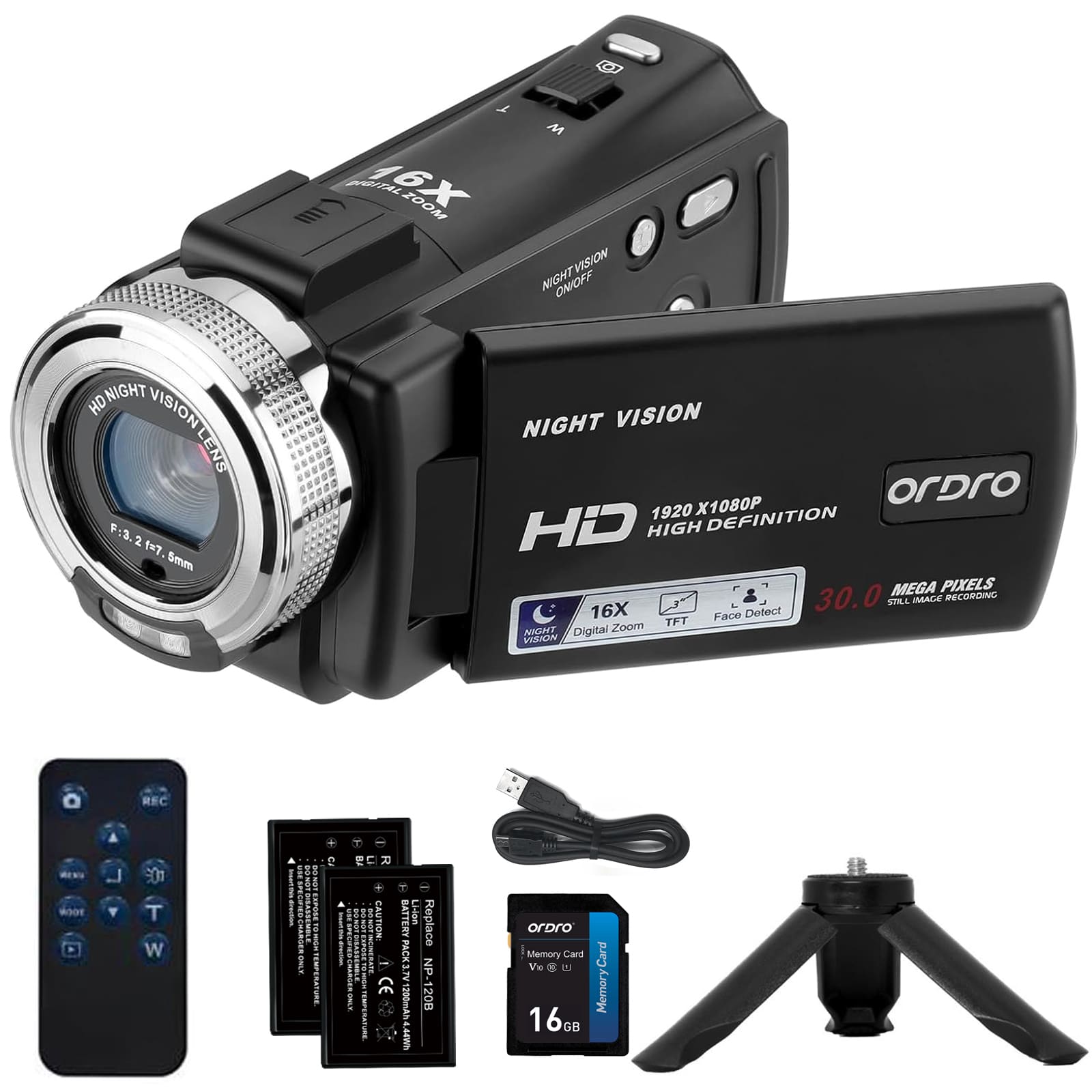 ORDRO Camcorders HDV-V12 1080P Video Camera Infrared Night Vision 3.0 Screen 16X Vlogg Camera