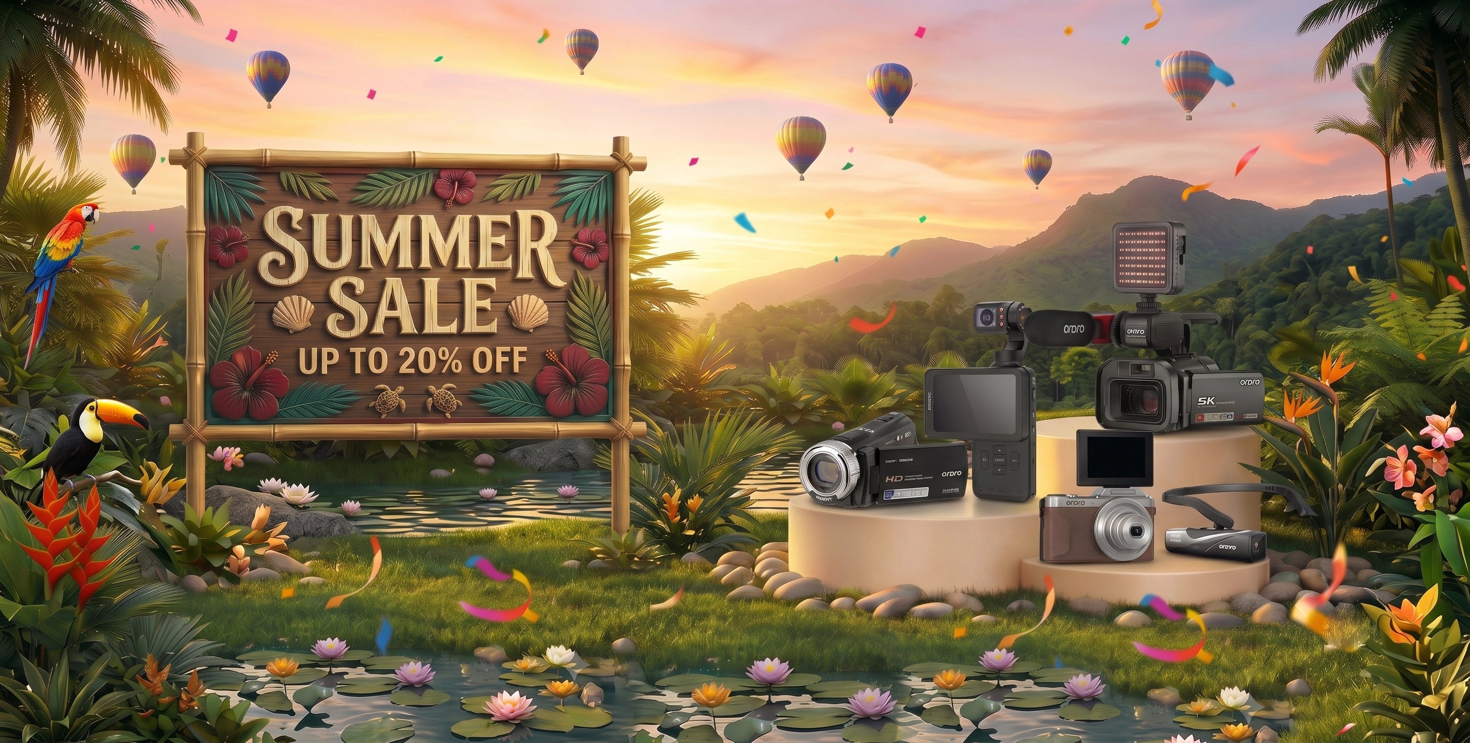 Summer Sale promotional poster featuring up to 20% off on practical ORDRO digital cameras and video camcorders. The equipment is displayed on beige podiums in a lush tropical jungle setting with a sunset sky, hot air balloons, and lotus flowers.