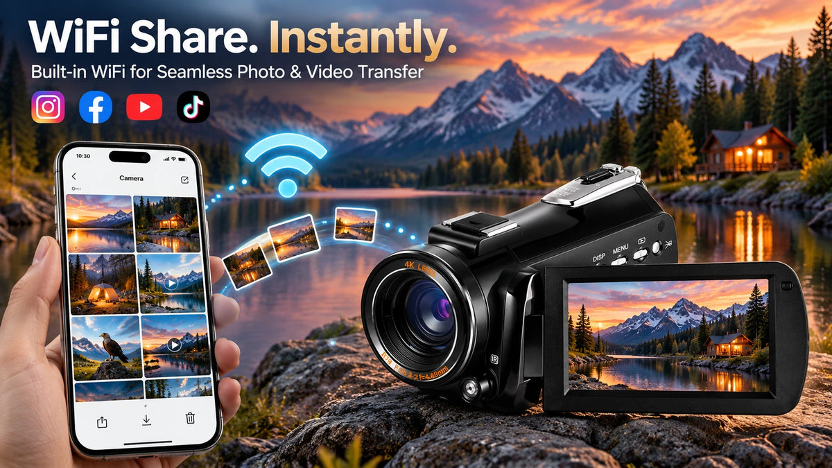 ORDRO AC3 camcorder with built-in Wi-Fi connectivity, illustrated with a smartphone gallery and wireless photo and video sharing.