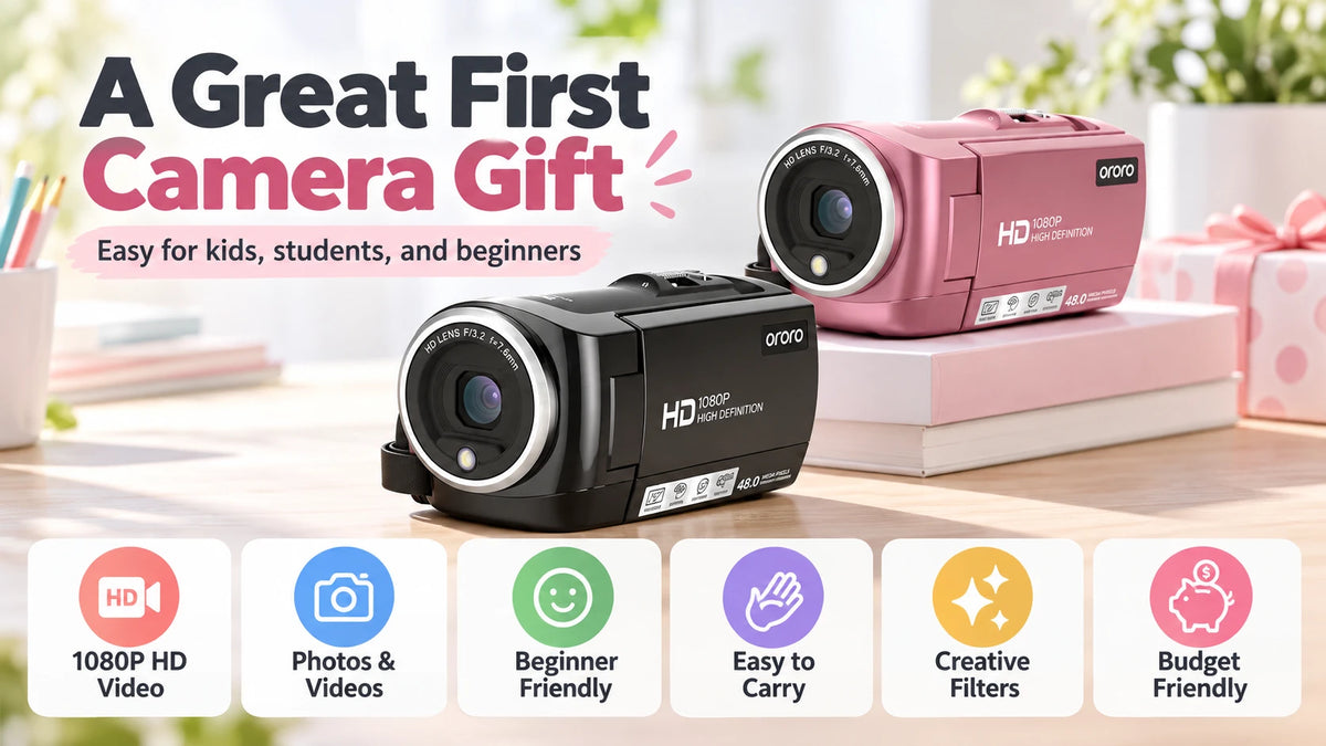 Black and pink ORDRO DV-107 beginner camcorders highlighting 1080P video, photo recording, creative filters, portability, and affordability.