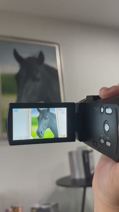 Ordro V12 camcorder demonstrating its powerful 16x digital zoom, smoothly zooming in on a horse painting to capture close-up details.