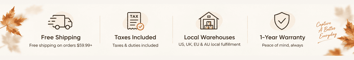 ORDRO shopping benefits including free shipping over $59.99, taxes and duties included, local warehouses in the US UK EU and AU, and 1-year warranty