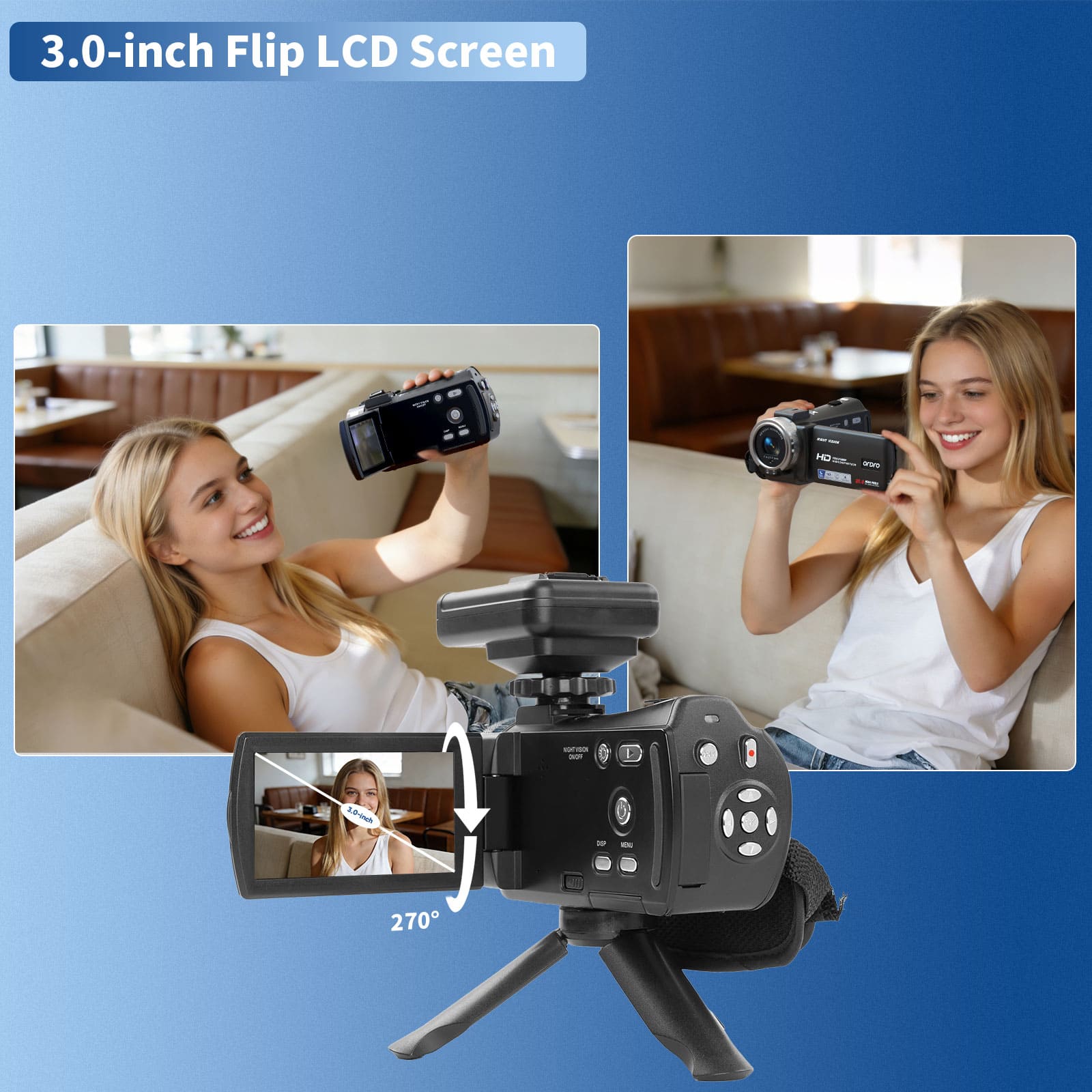 ORDRO HDV-V12 Video Camera Camcorder 16X Digital Zoom Night Vision Recorder 3.0 Inch Rotation LCD