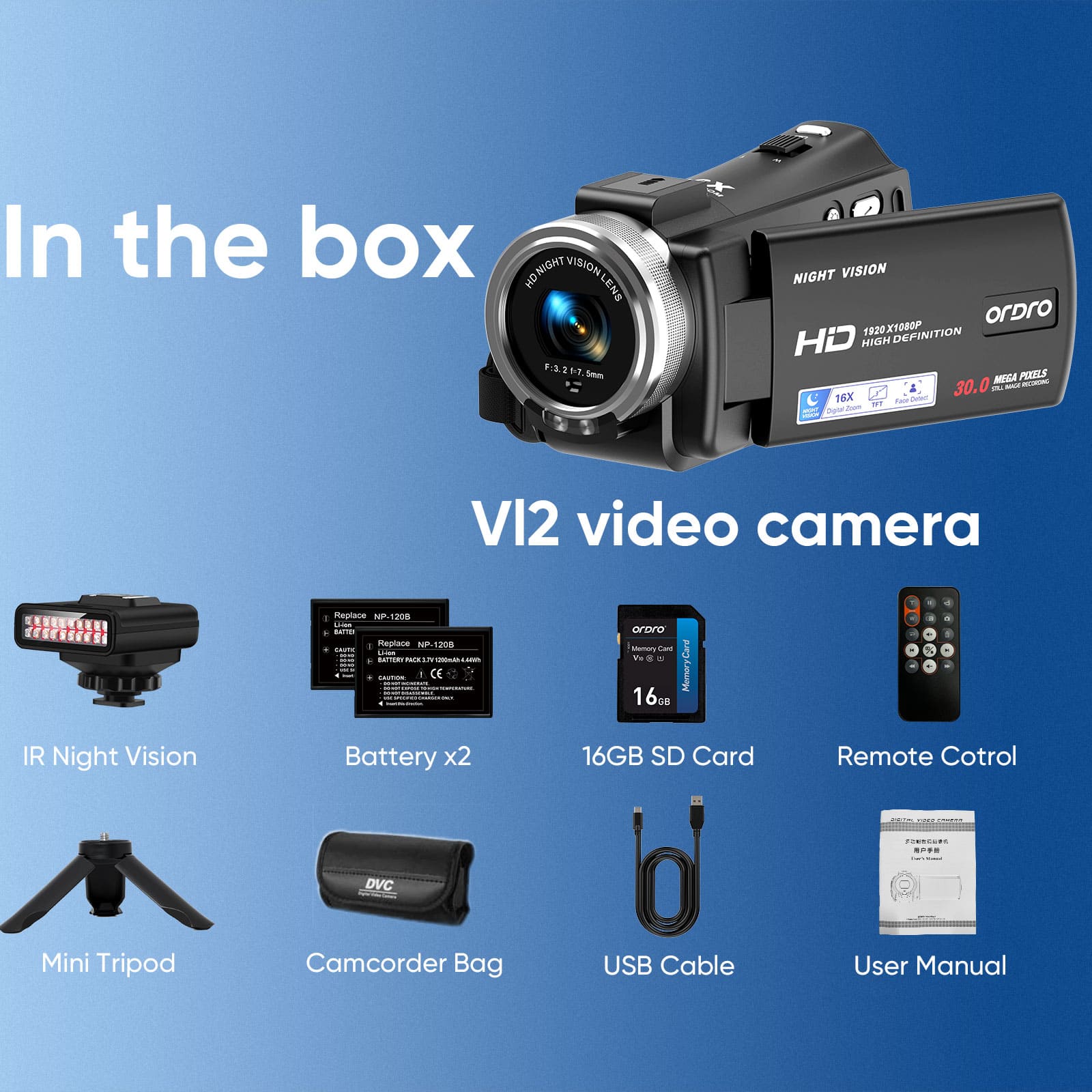 ORDRO HDV-V12 Video Camera Camcorder 16X Digital Zoom Night Vision Recorder 3.0 Inch Rotation LCD