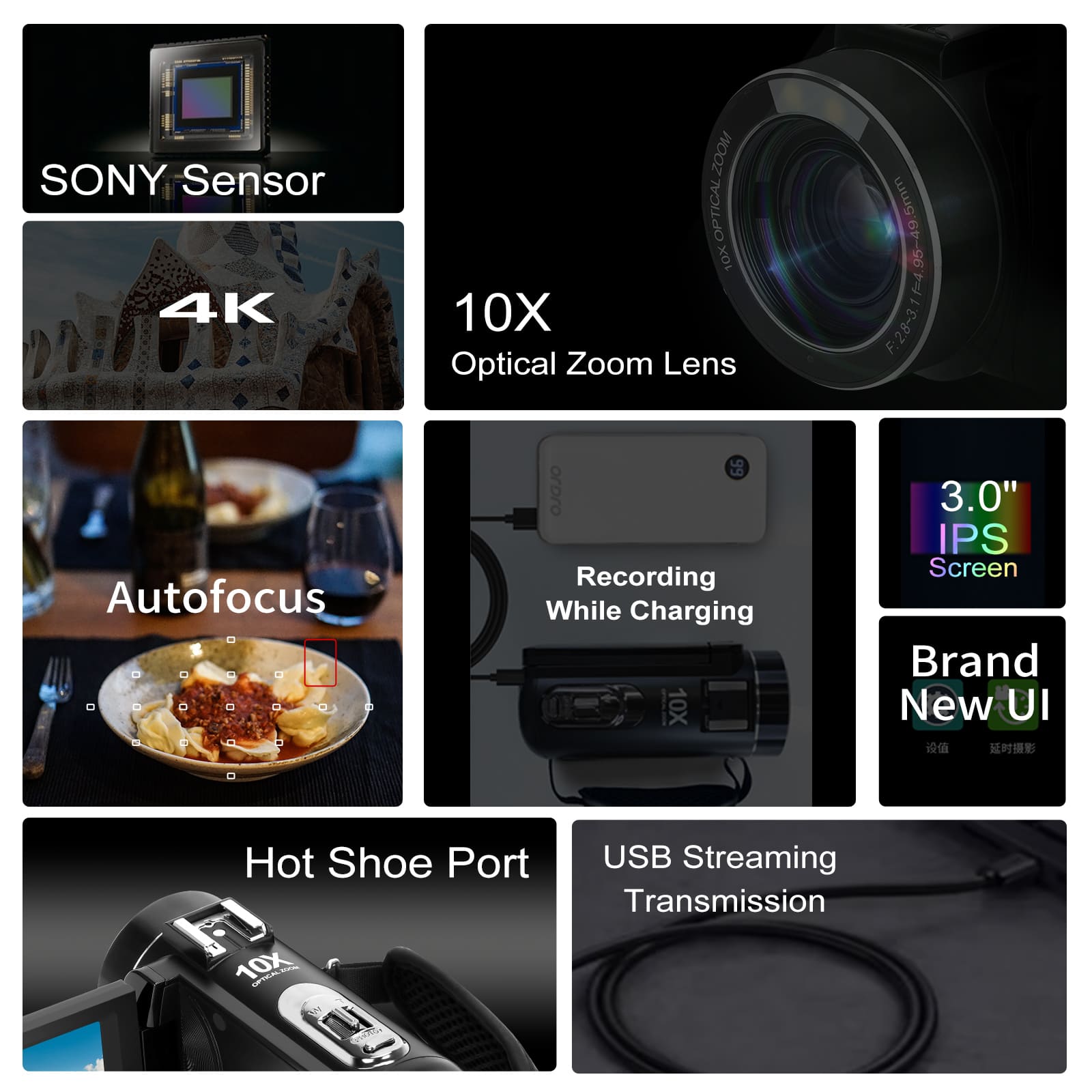 ORDRO Video Camera 4K Camcorder 30MP 10X Optical Zoom Vlogging Camera for YouTube Photography