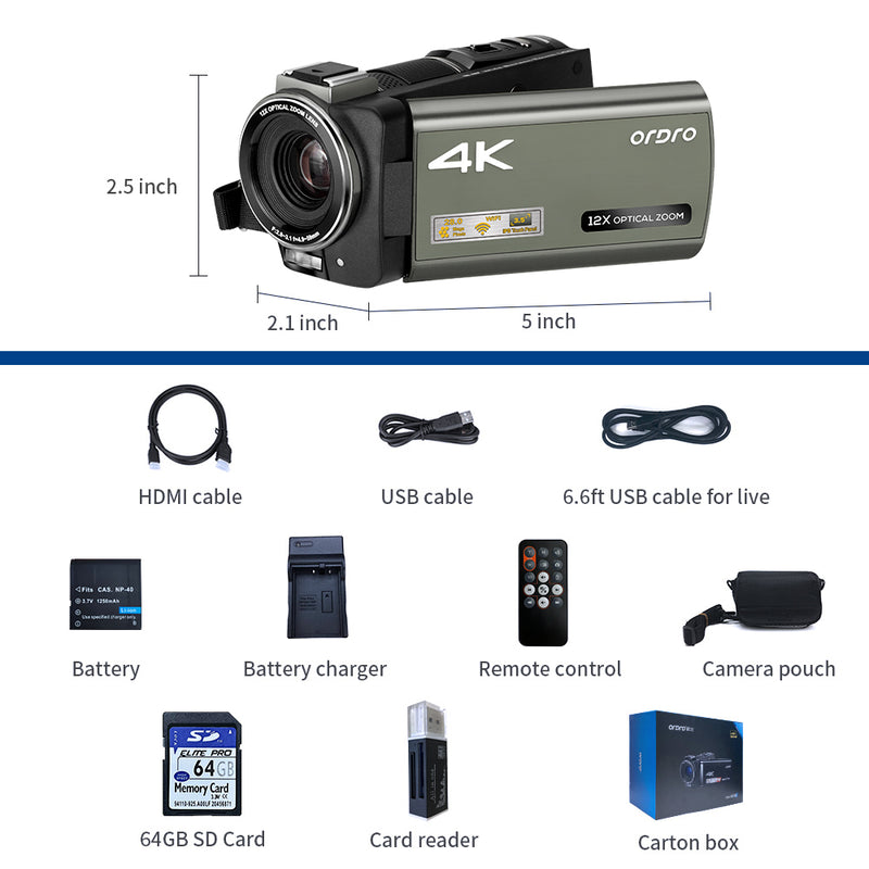 ORDRO AX60 4K-Camcorder mit großem Bildschirm und optischem 12-fach-Zoom (Standard)