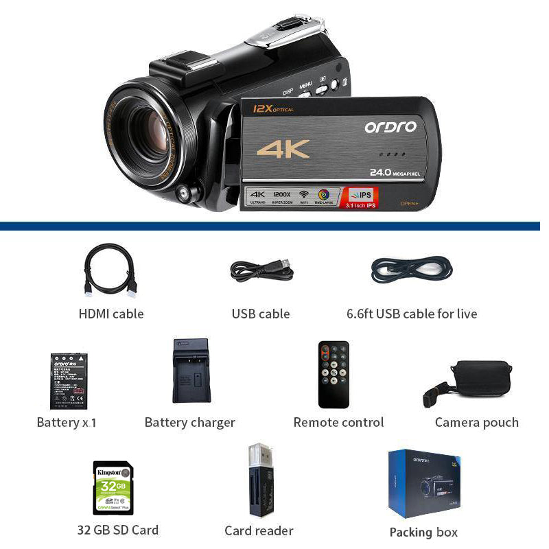 ORDRO HDR-AC5 4K كاميرا الفيديو تكبير بصري 12X
