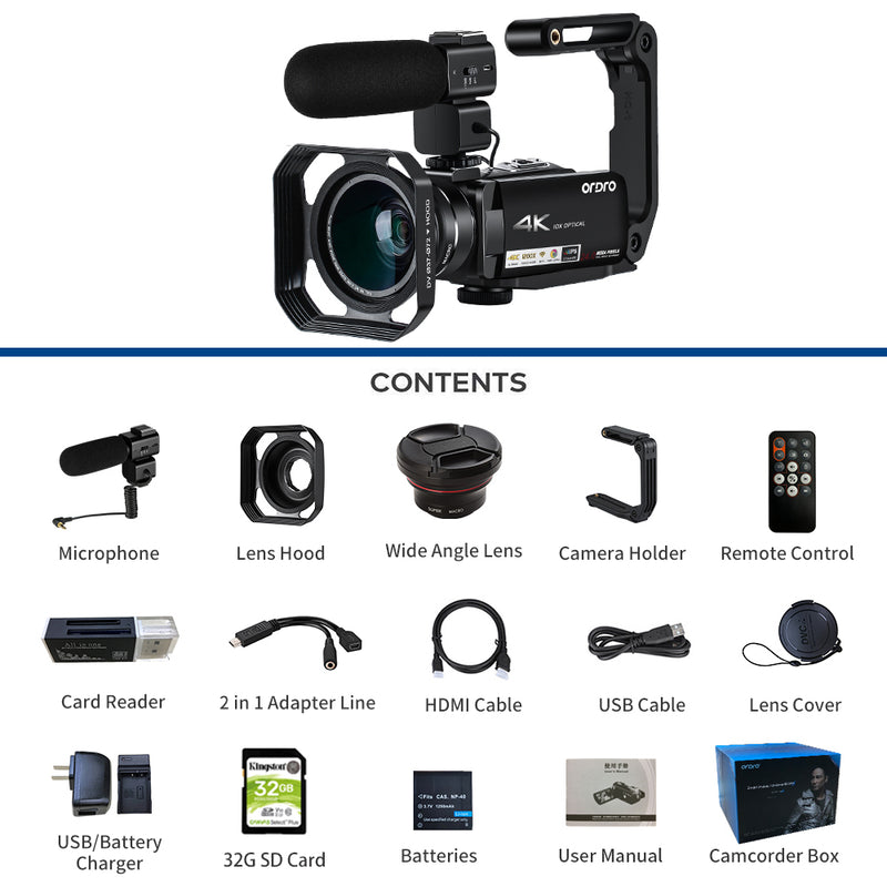 ORDRO HDR-AC7 YouTube ライブ ストリーム ビデオカメラ ビデオ カメラ FHD 24MP 120X デジタル ズーム 10X 光学キット