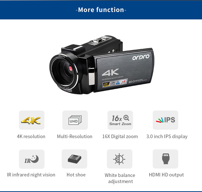 ORDRO HDR-AE8 كاميرا فيديو رقمية برؤية ليلية بالأشعة تحت الحمراء بدقة 4K (الحزمة القياسية)