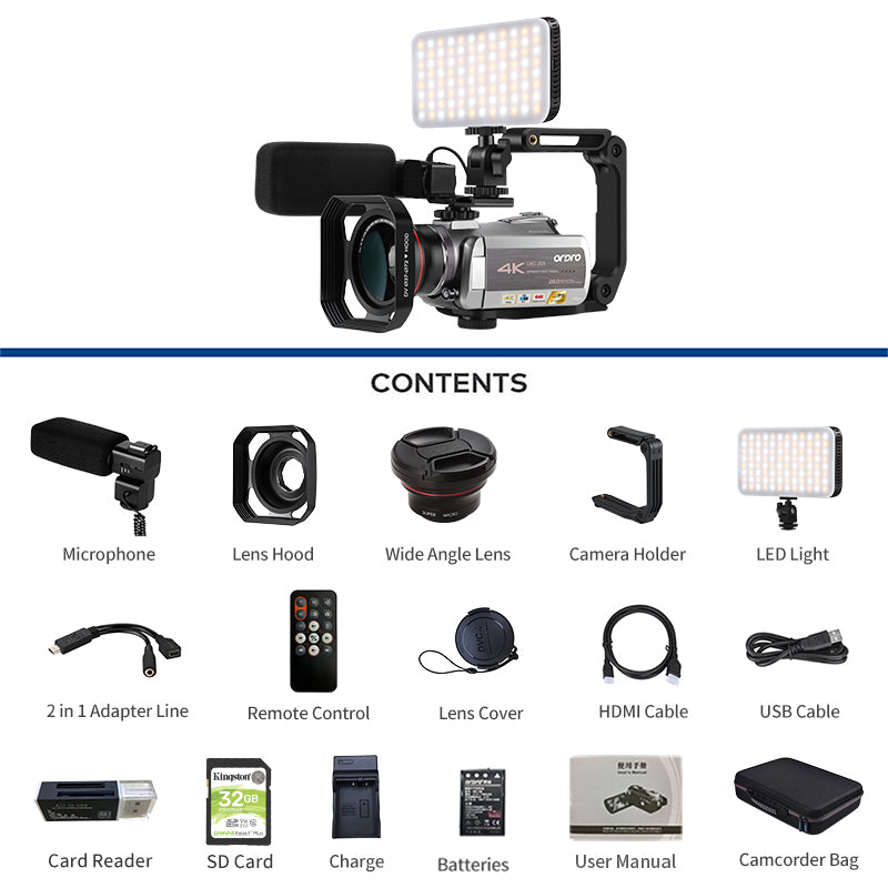 Videokamera 4K Camcorder Ultra HD 28MP 64X Digitalzoom Kamera für YouTube IR Light Live Streaming Wifi Kamera ORDRO HDR-AZ50