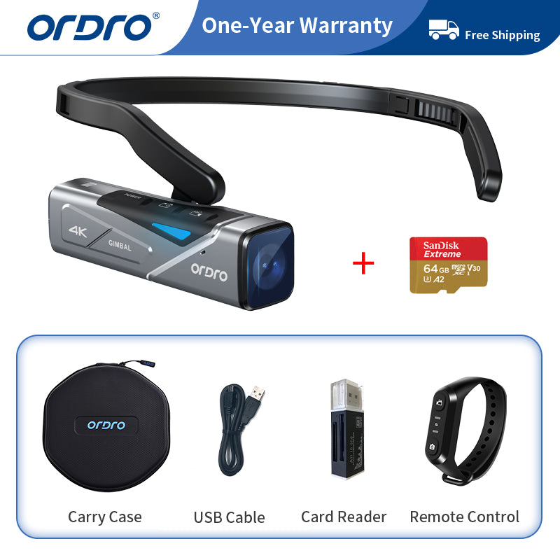 ORDRO EP7 FPV ウェアラブル アクション 4K POV ビデオカメラ（最高の組み合わせ）+ 無料の USB 充電器 + 無料のカード リーダー