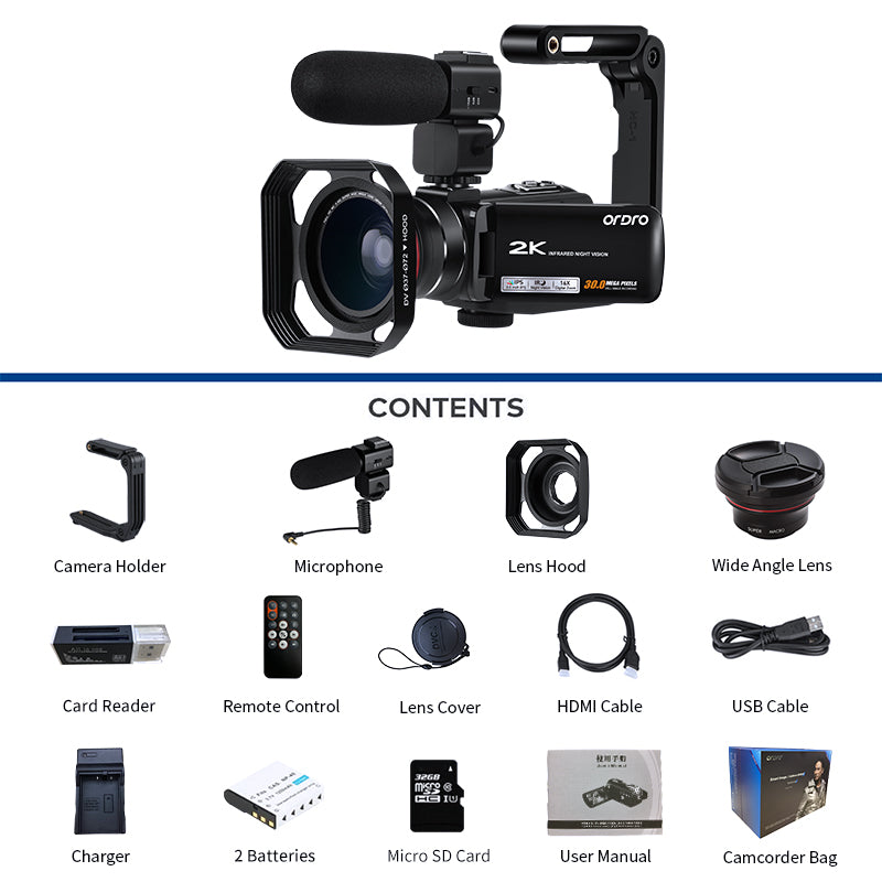Videocamera per principianti ORDRO HDV-Z63 Zoom digitale 16X 2K HDR-Videocamera
