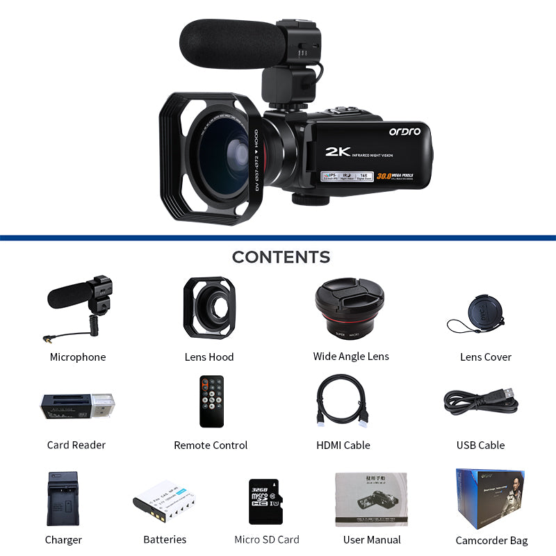 Videocamera per principianti ORDRO HDV-Z63 Zoom digitale 16X 2K HDR-Videocamera