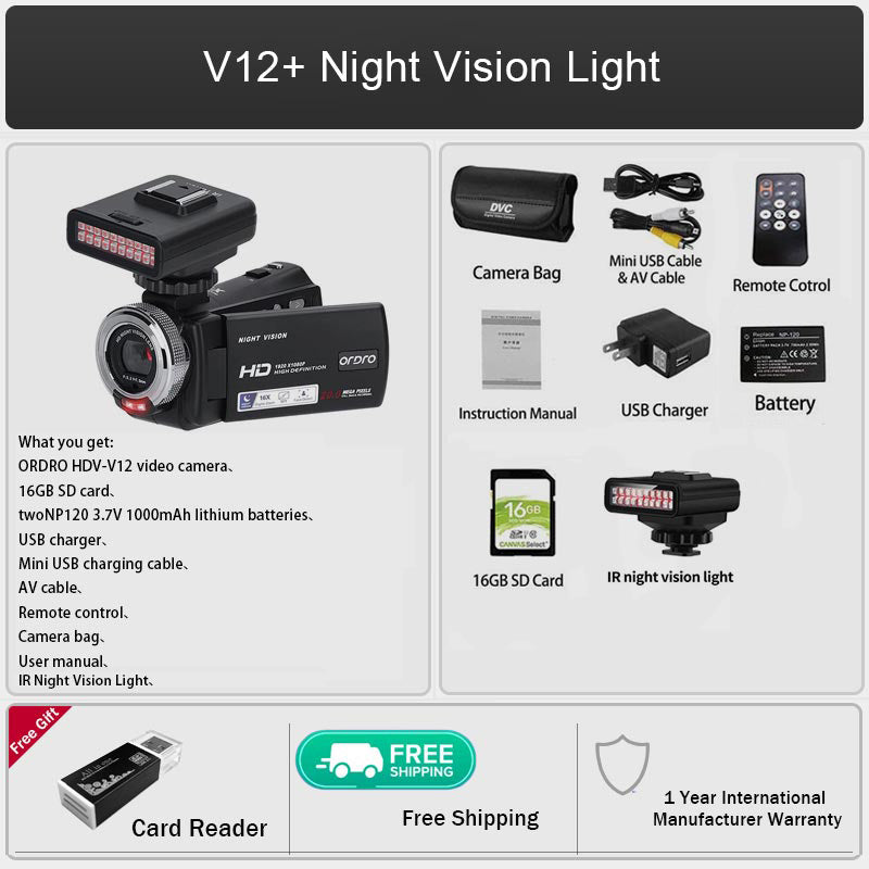 ORDRO HDV-V12 كاميرا فيديو كاميرا فيديو رقمية Youtube Vlogging مسجل كاميرا مع ضوء رؤية ليلية بالأشعة تحت الحمراء